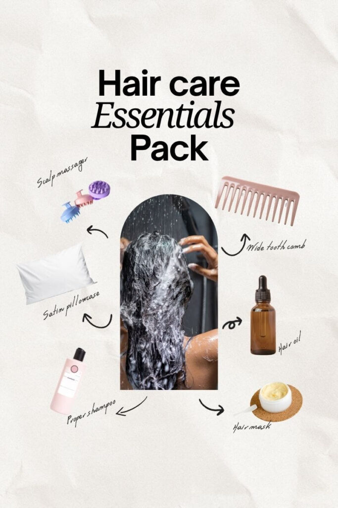 hair care essentials for healthy hair routine with oil and brush