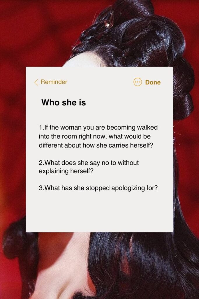 Identity mapping self-reflection questions overlay on a dark-haired woman with an elegant updo against a deep red background, titled Who she is.