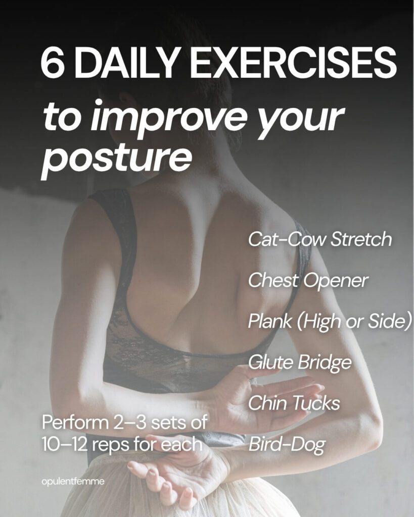 Simple visual guide showing six exercises designed to improve posture and alignment.