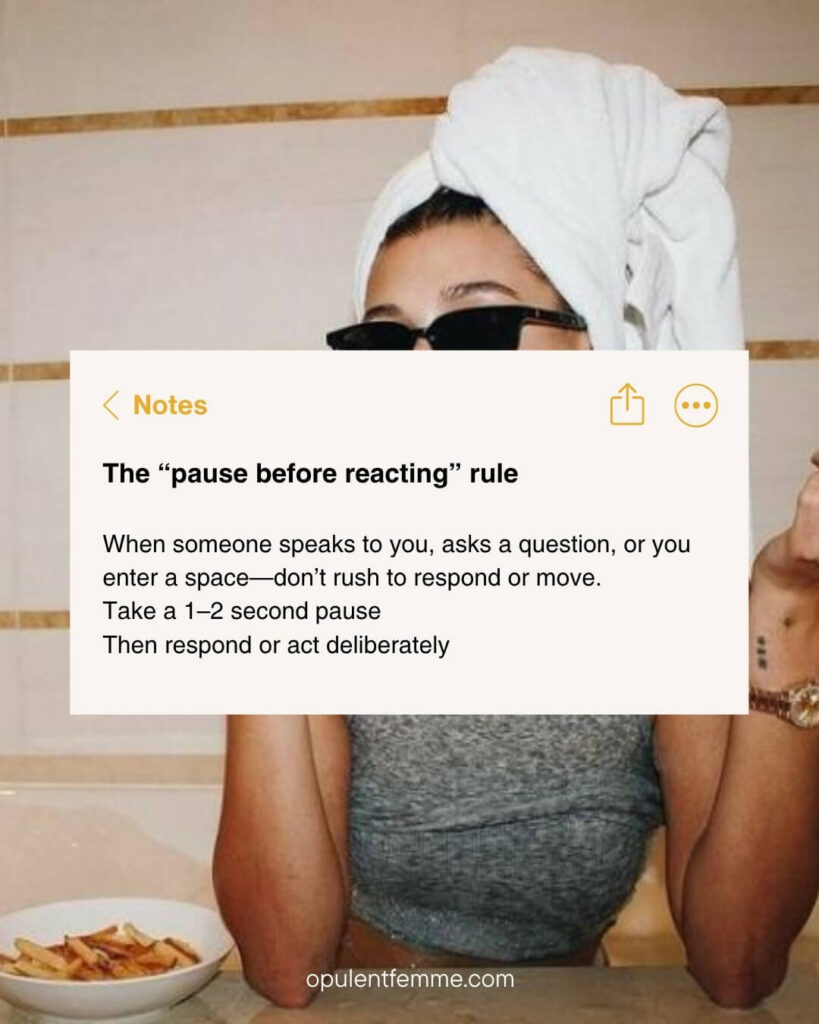 Text on image reads: “Pause before reacting. Take 1–2 seconds before you respond, move, or speak.”