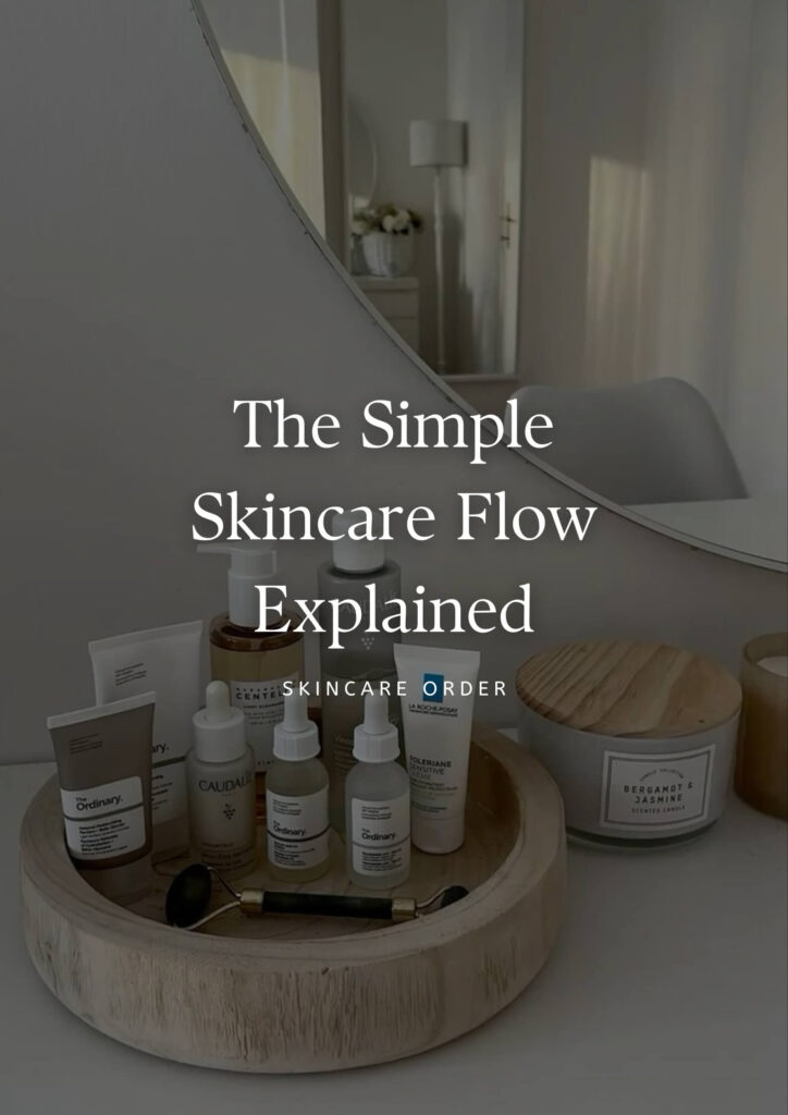 Skincare products arranged in order on a minimal surface, representing a morning routine.