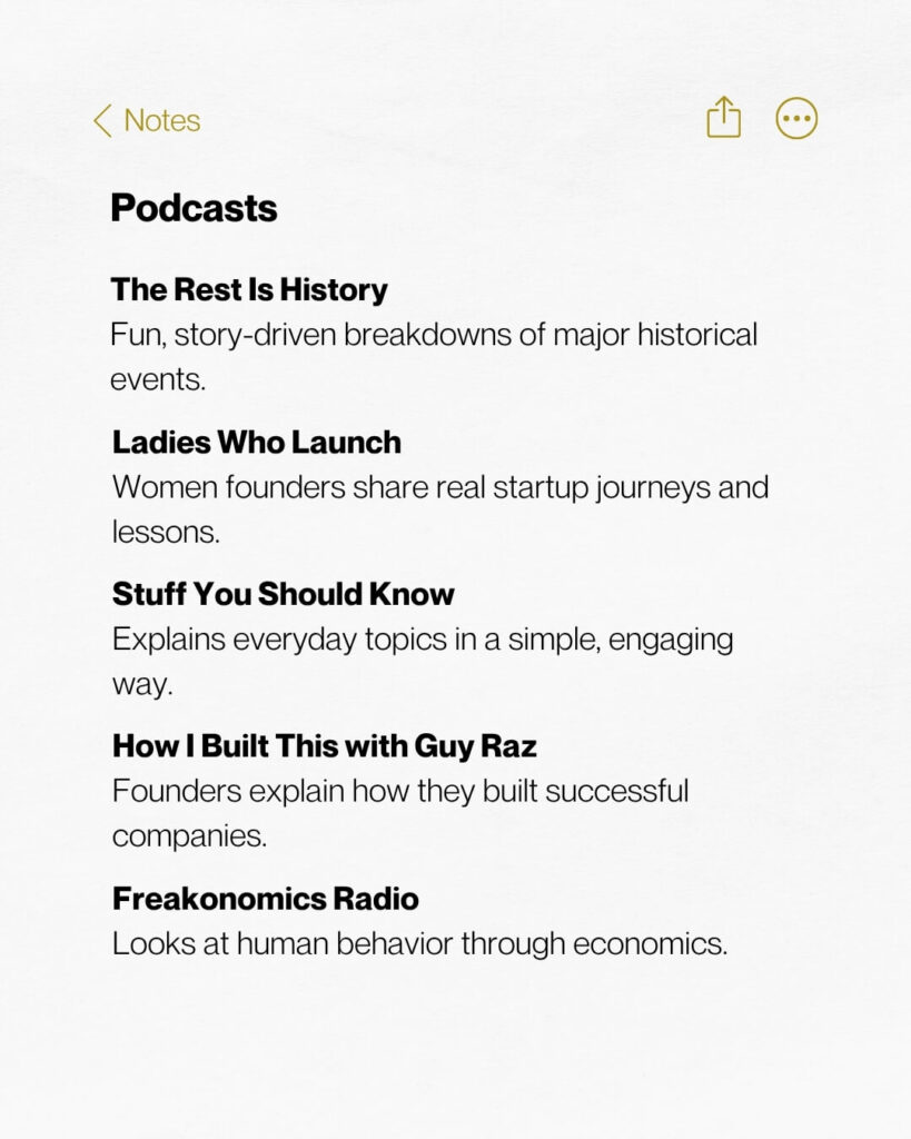 Collection of educational podcasts covering topics like history, business, and psychology.