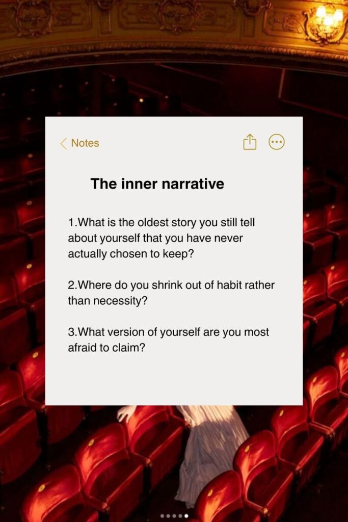Identity mapping questions titled The inner narrative overlaid on a moody editorial image of a woman in white standing inside an ornate red theater.