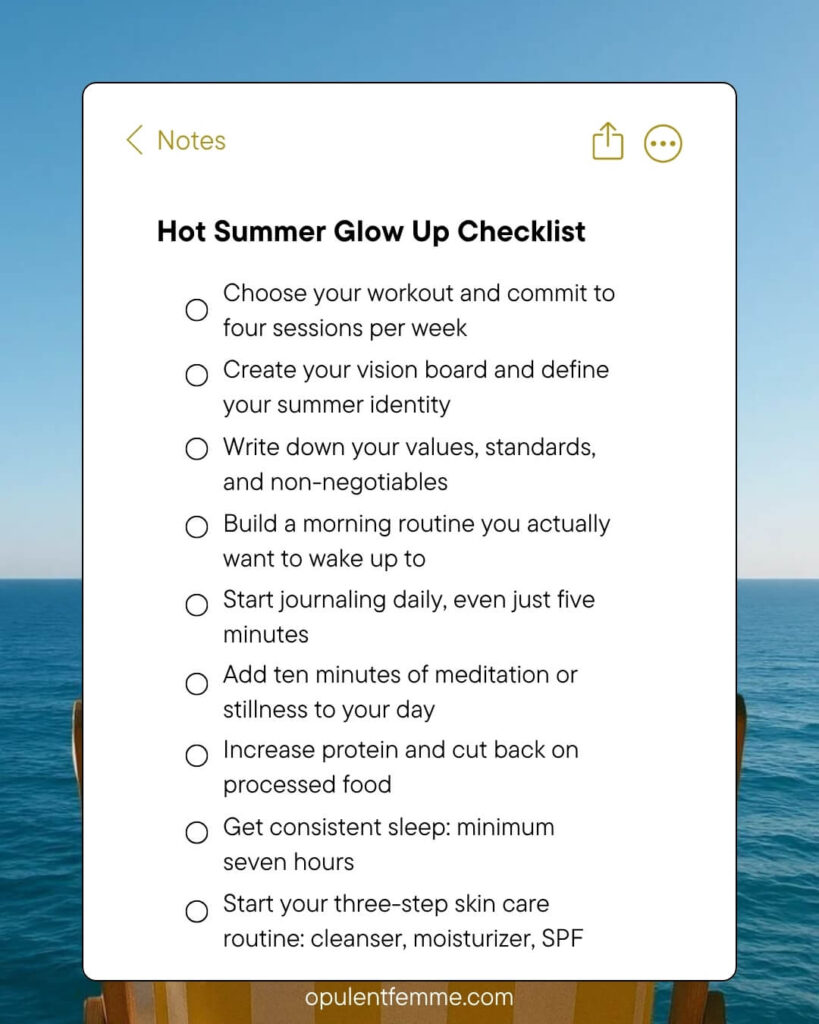 Minimal checklist or planner page with daily habits written down, representing a structured glow-up routine.