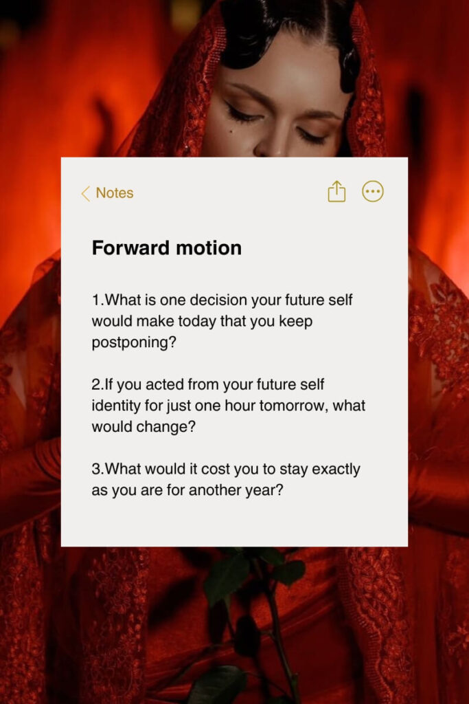 Future self journaling prompts titled Forward motion overlaid on a woman in a deep red embroidered veil holding a single rose, eyes cast downward.