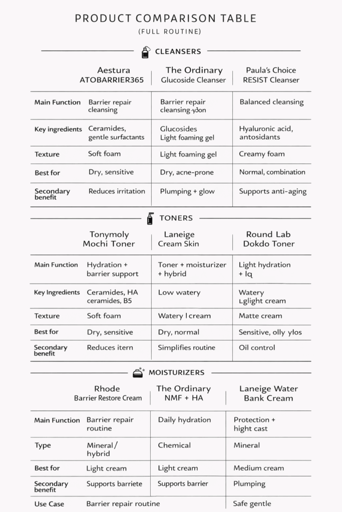 Black-and-white infographic displaying a structured comparison of skincare products across cleansers, toners, serums, moisturizers, and sunscreens, with columns for attributes such as function, ingredients, texture, and skin type suitability.