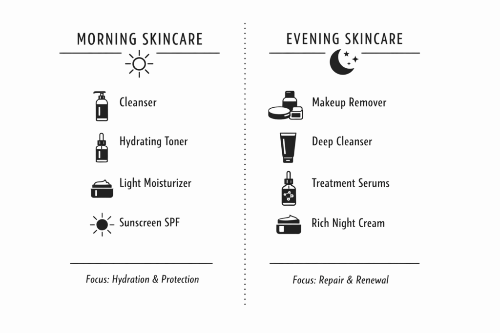 Minimalist black-and-white infographic comparing morning and evening skincare routines, showing steps like cleanser, toner, moisturizer, and sunscreen for morning, and makeup remover, cleanser, serum, and night cream for evening