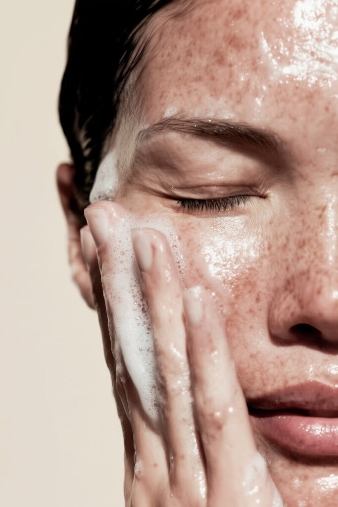 Gentle foaming water-based cleanser being used to wash the face