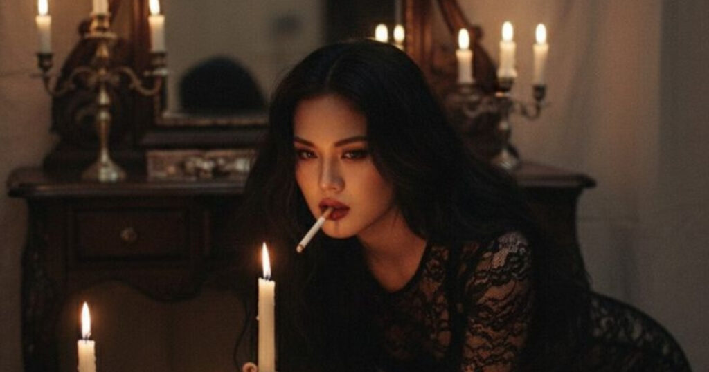 Dark feminine aesthetic mood photo of a woman in black lace with candles and cigarette