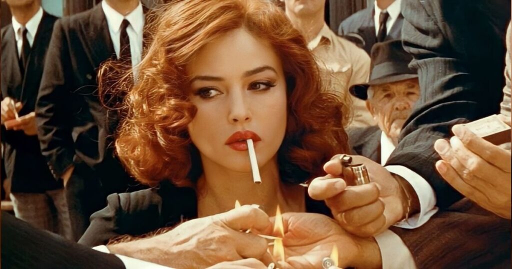 A glamorous red-haired woman with bold red lips and a cigarette, surrounded by men in suits offering to light it, in a cinematic vintage 1950s style.