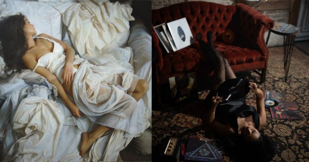 Collage of two dark feminine aesthetic photos: woman lying in white sheets and woman with vinyl records on a vintage rug