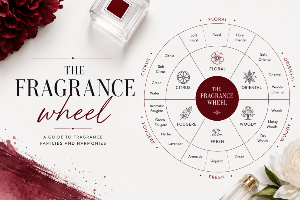 A fragrance wheel diagram showing different perfume families such as floral, woody, fresh, and oriental arranged in a circular structure.