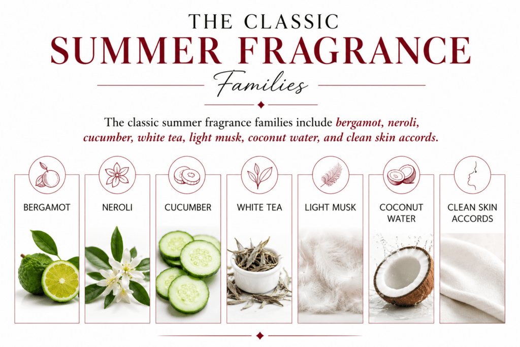 Minimal luxury infographic about classic summer fragrance families featuring bergamot, neroli, cucumber, white tea, light musk, coconut water, and clean skin accords in white, black, and deep burgundy tones.