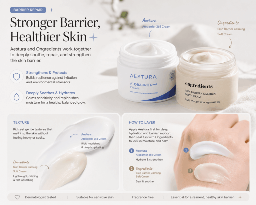 Two barrier repair creams (Aestura and Ongredients) shown with texture focus and hand swatch demonstrating layering.
