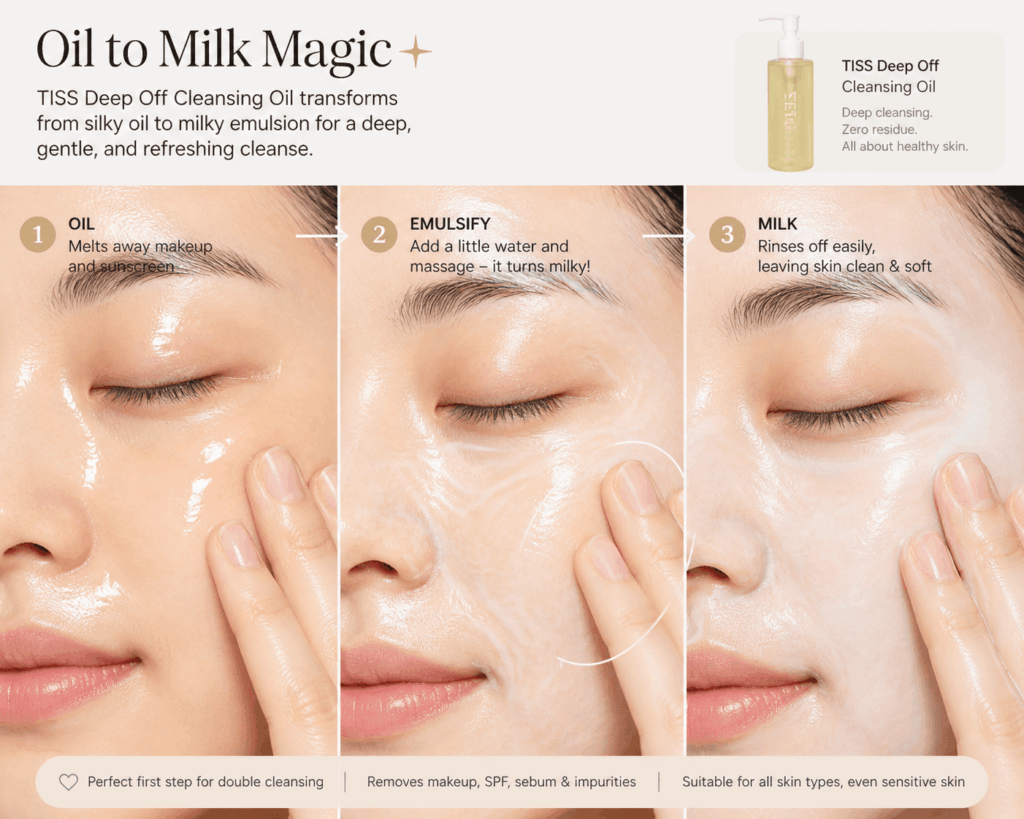 Close-up of oil cleanser being massaged into skin, showing emulsification from oil to milk texture.