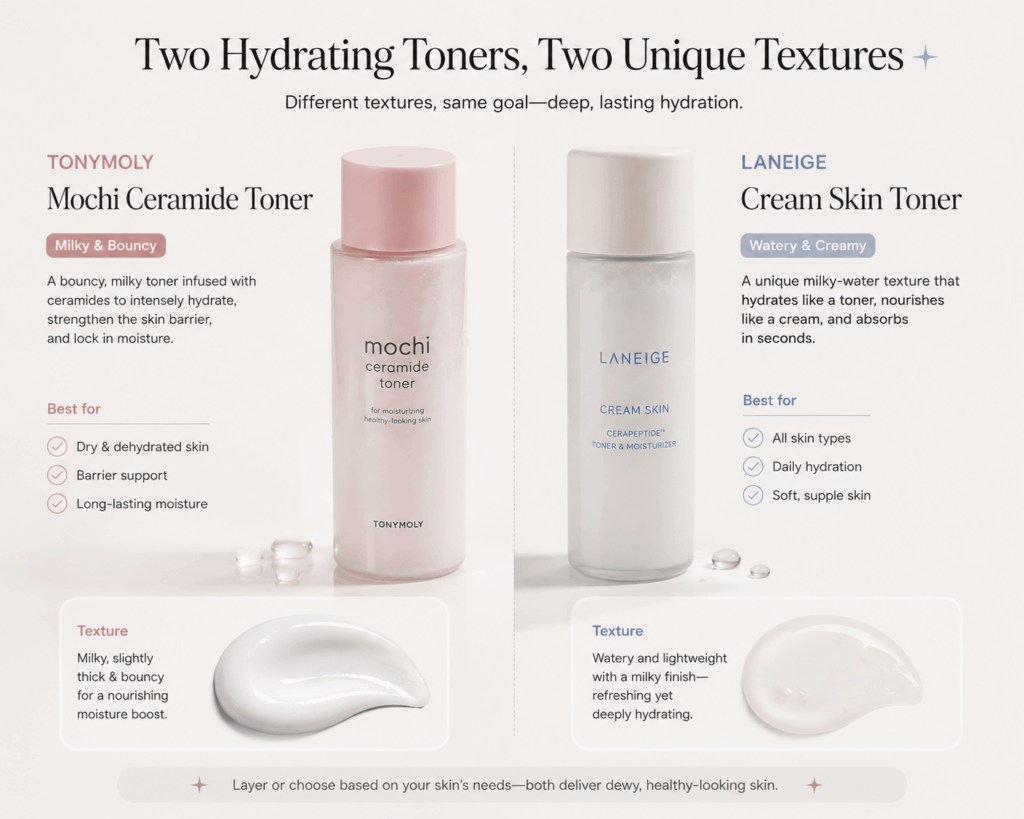 Side-by-side comparison of two hydrating toners showing different textures.