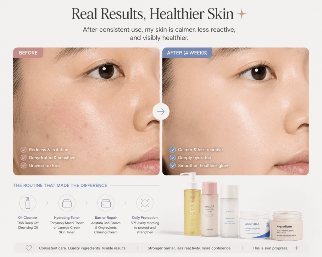 Before and after skin comparison showing improved texture and reduced redness after skincare routine.