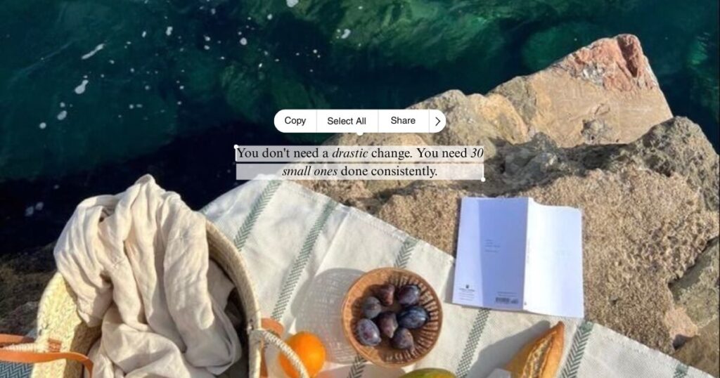 Summer glow up checklist aesthetic - picnic by the sea with a straw bag, figs, and an open book on a linen blanket