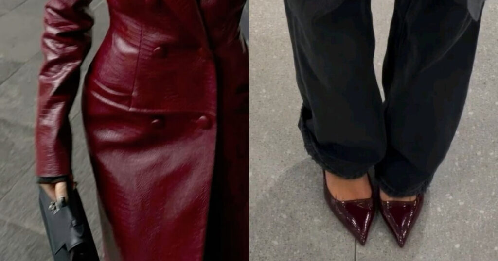Dark feminine fashion — burgundy leather coat and pointed heels