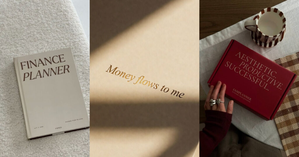 Summer glow up money habits - Papier finance planner, money flows to me affirmation print, aesthetic productivity planner flat lay
