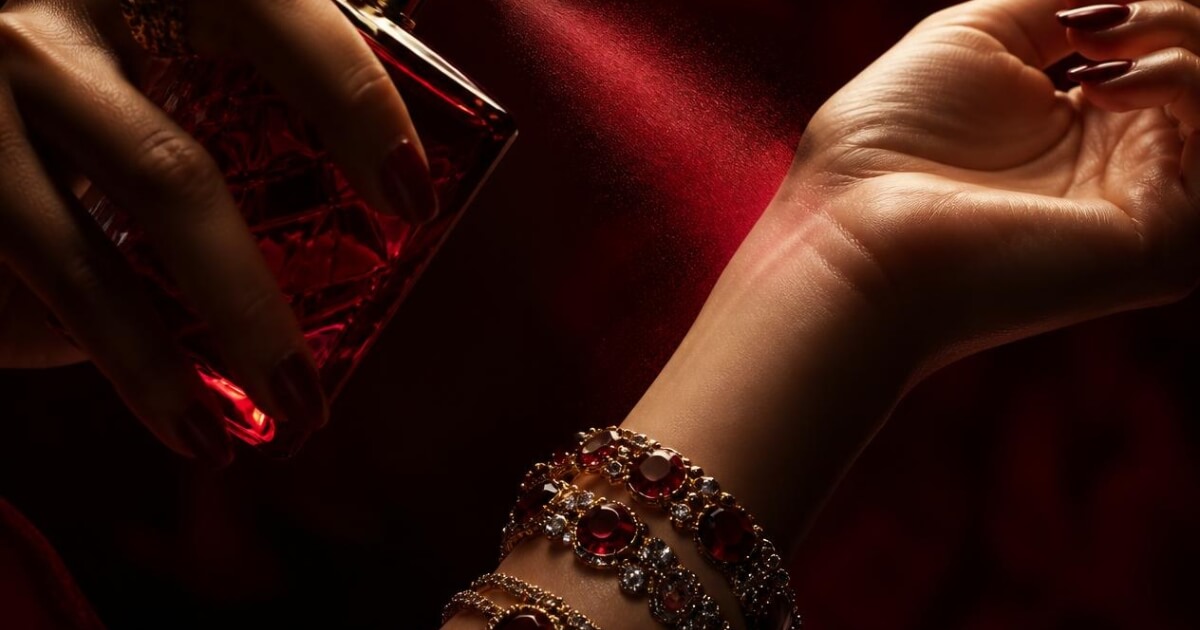 Editorial photo of a woman applying dark feminine perfume