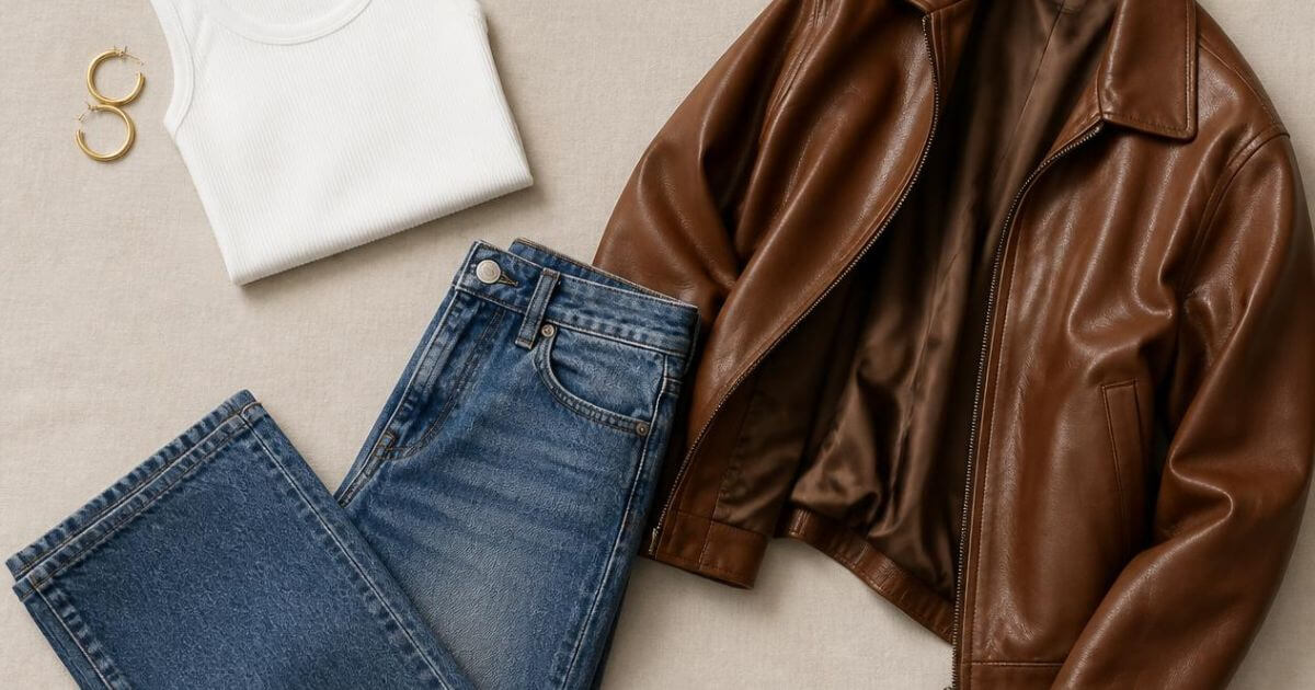 Neutral basics flatlay, white tank, denim, leather jacket