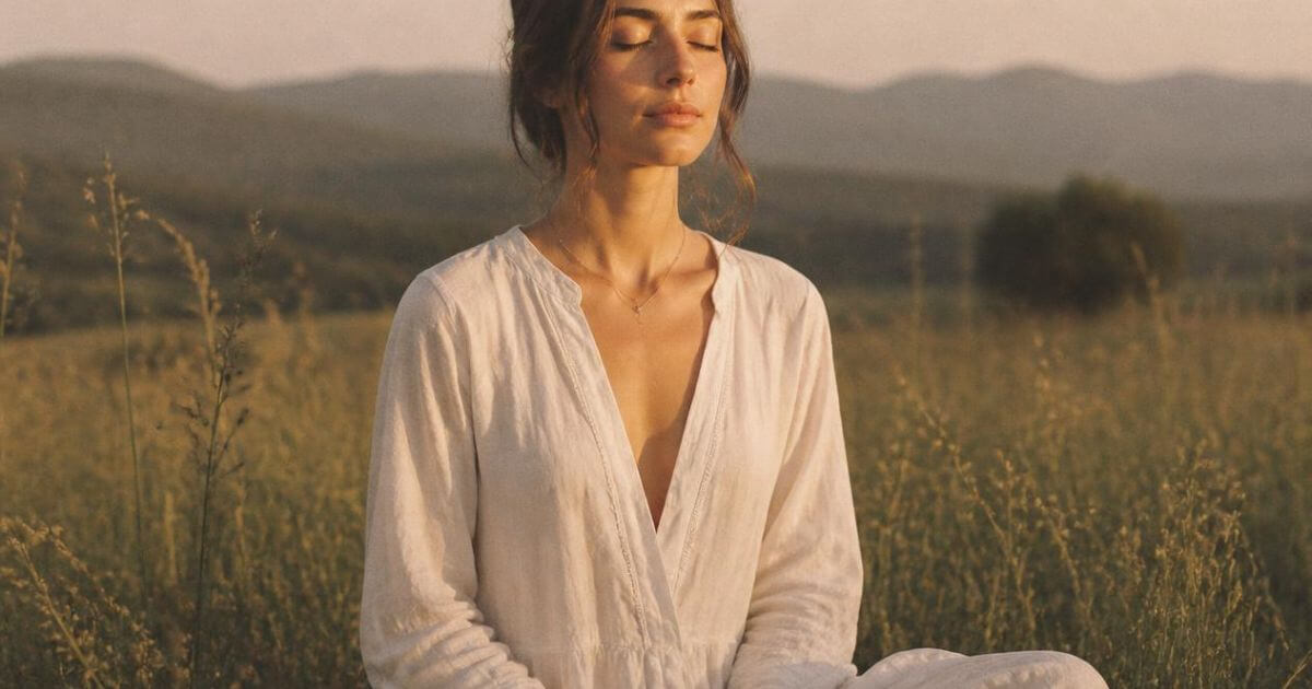 Woman sitting quietly at sunrise, soft feminine morning ritual