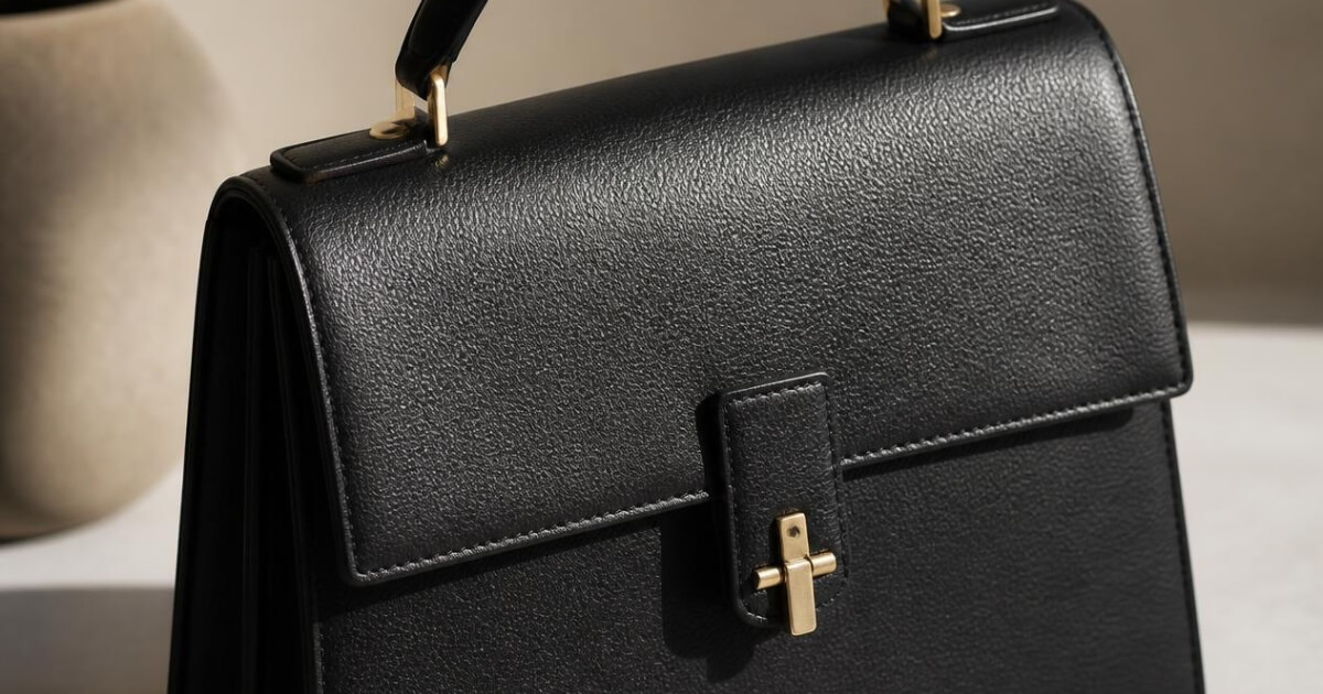 Carolyn Bessette style structured black handbag detail