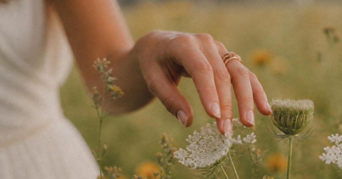 Woman touching wildflowers gently, soft feminine energy in daily life