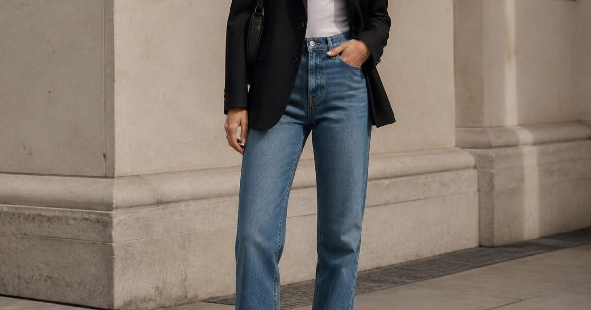 Elevated casual outfit, blazer, tee, denim