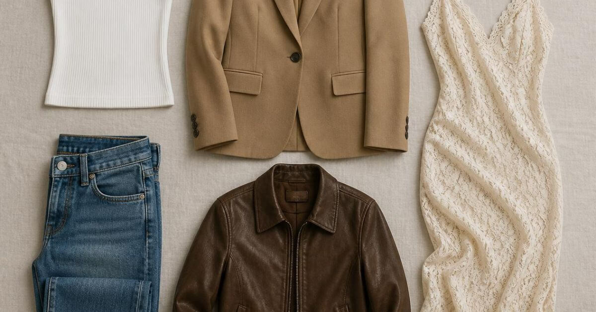 Flatlay of six wardrobe essentials