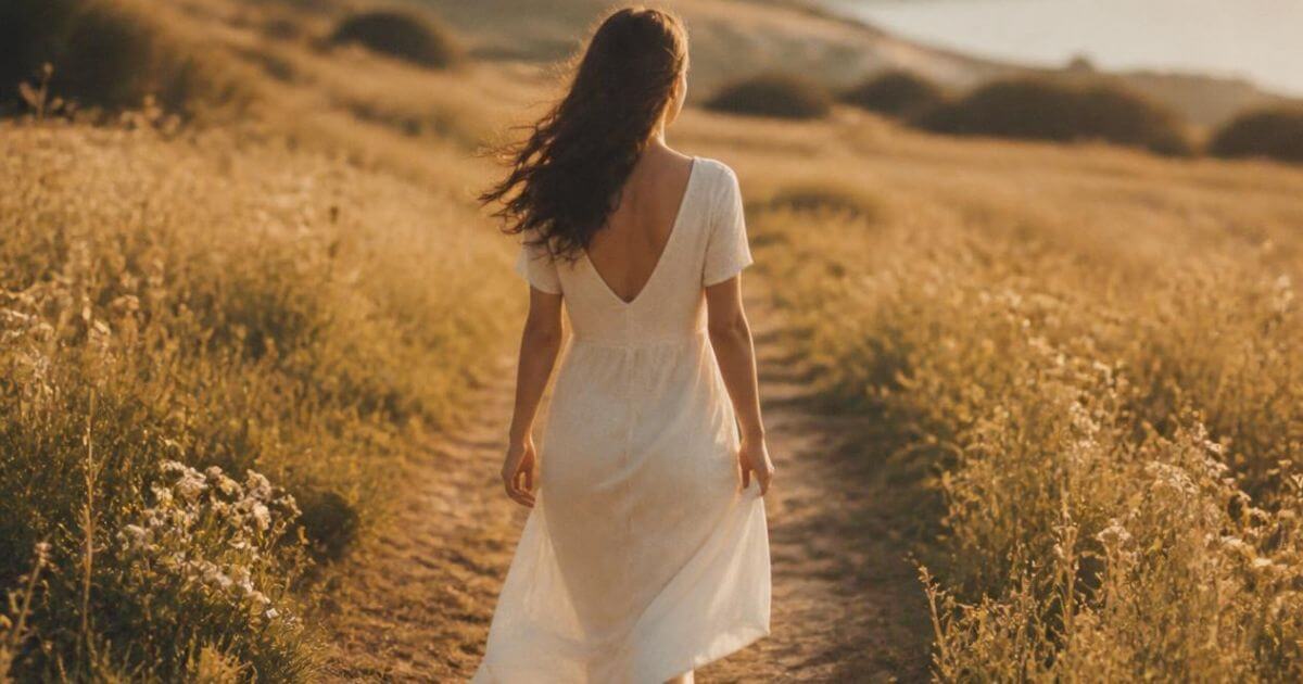 Woman walking through a sunlit meadow path, soft feminine progress