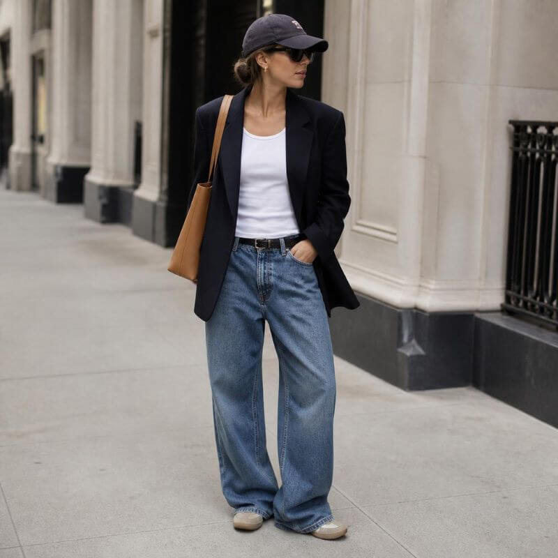 Tomboyish outfit, oversized blazer, denim, cap