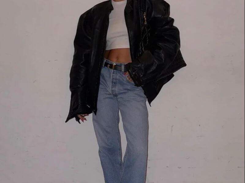Close-up of denim fit and fabric detail