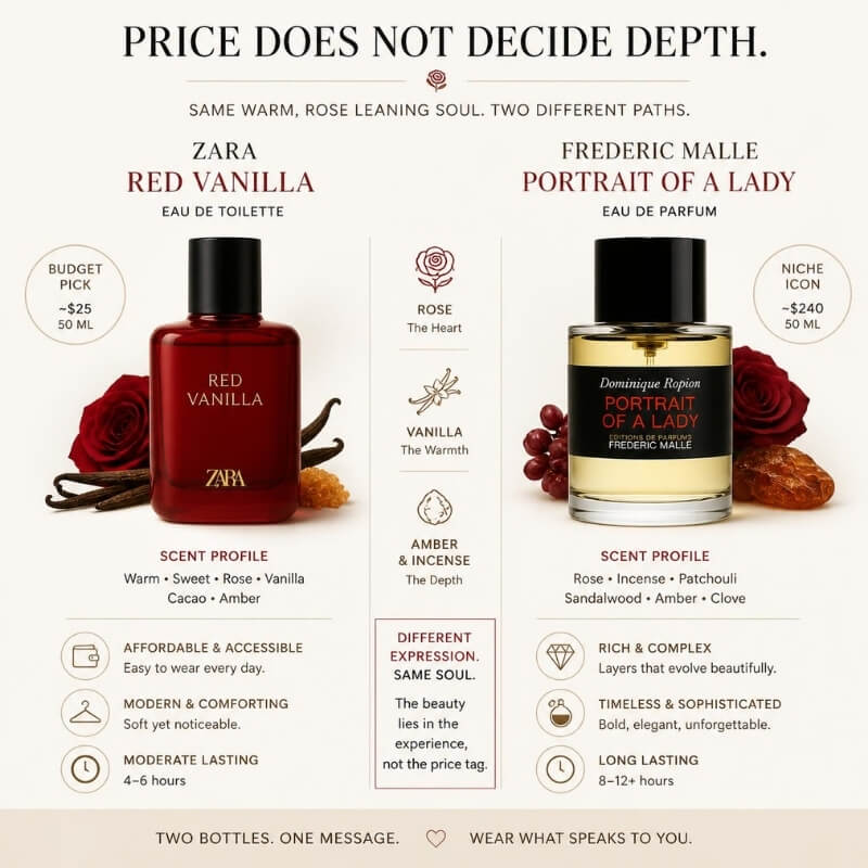 Comparison of Zara Red Vanilla and Frederic Malle Portrait of a Lady, a budget bottle next to a niche bottle from the same warm, rose leaning family