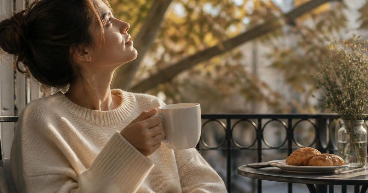 Woman journaling in bed at night with tea and candle, cozy wind down routine