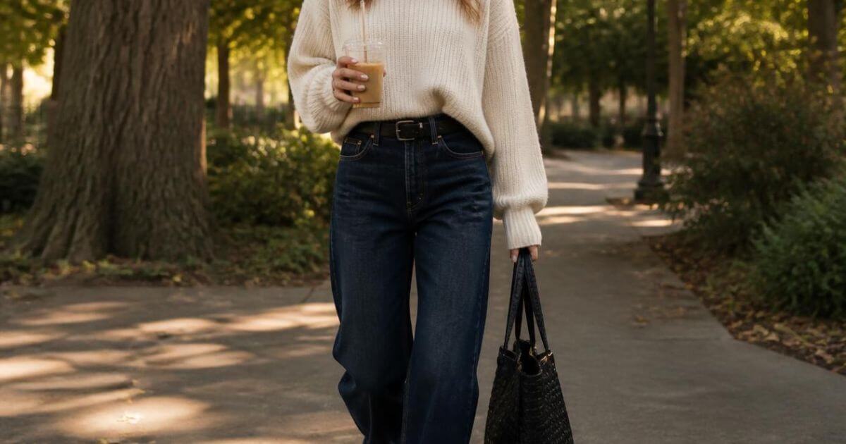 Woman leaning against a wall in a cardigan, jeans and burgundy accessories