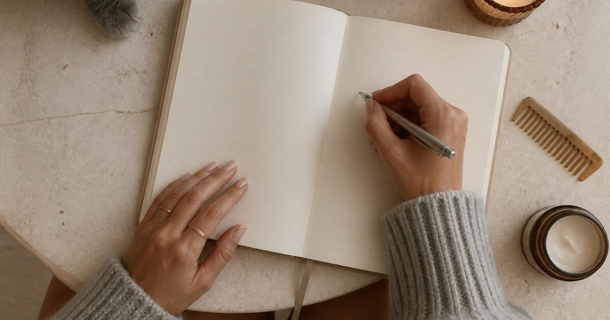 Woman reviewing her daily habits tracker in a journal