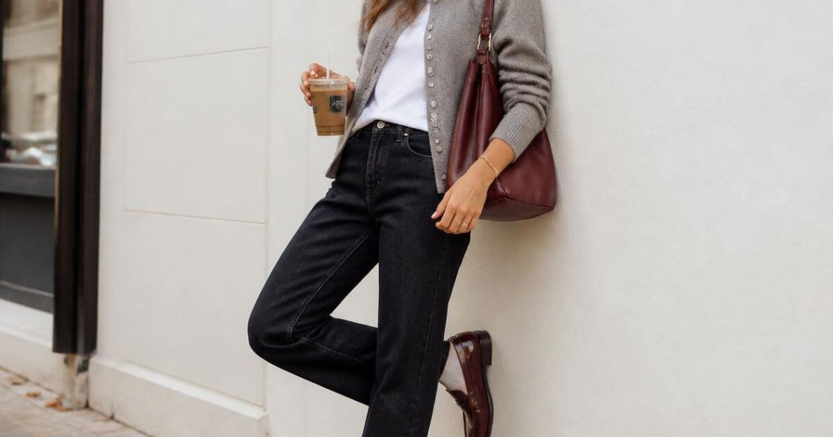 Woman walking in a park in an ivory sweater and dark wide-leg jeans