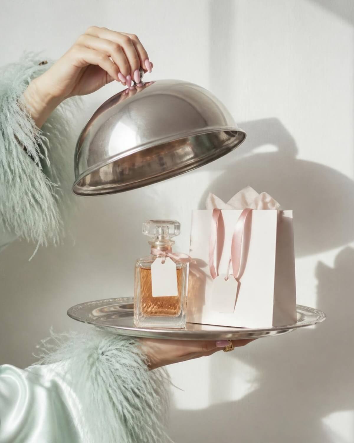 A single perfume bottle served on a silver tray under a cloche, illustrating a luxury want versus a need in intentional spending