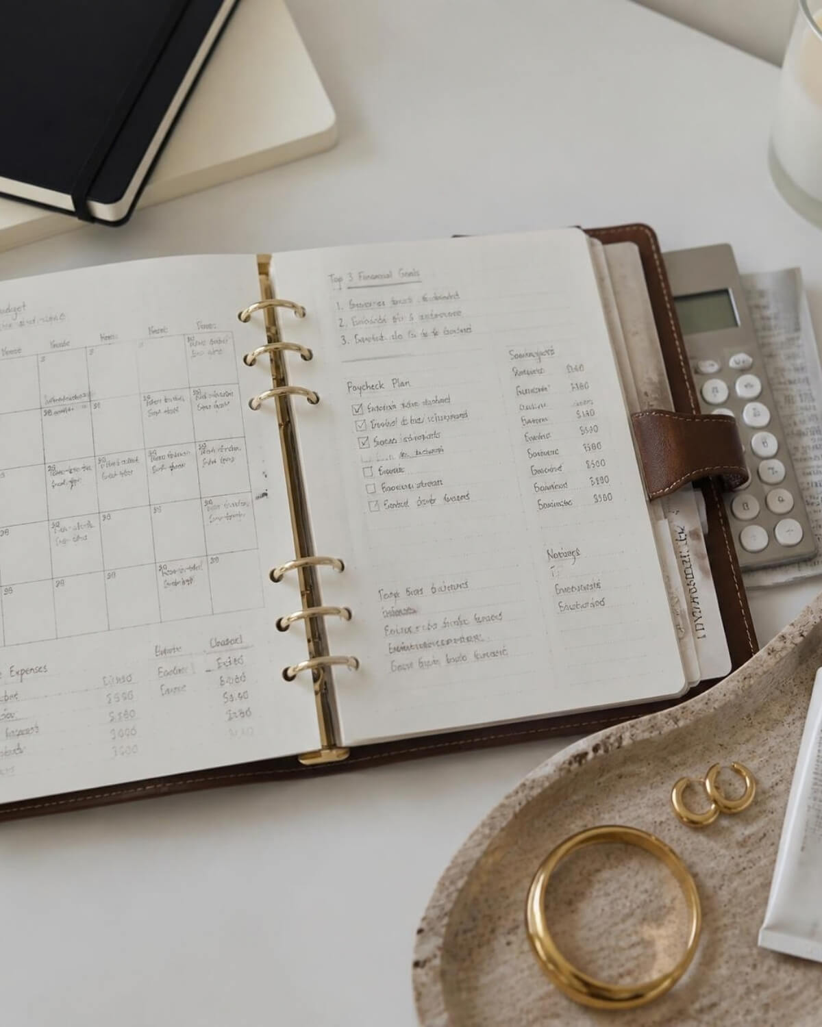 Open leather planner with a weekly overview and gold jewelry, used to plan a monthly intentional spending routine