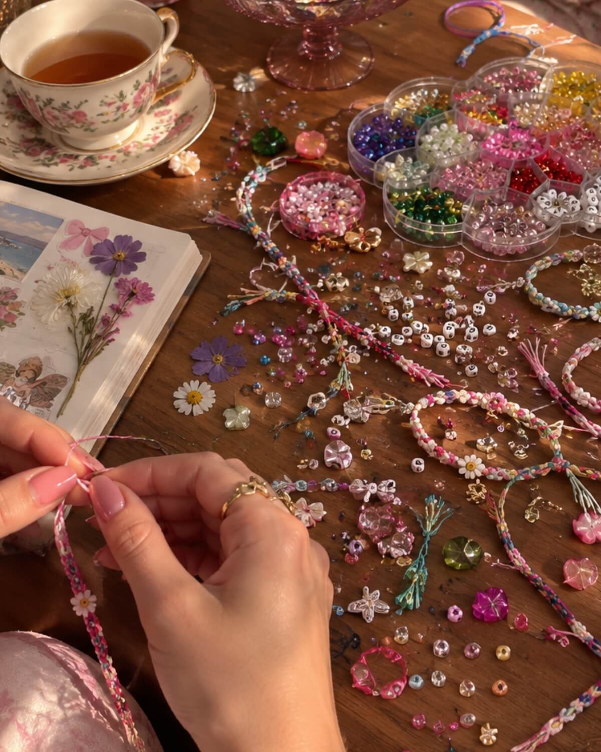 Colorful rhinestones, a bedazzled digital camera and pink sunglasses scattered on fabric, the material side of the whimsical aesthetic