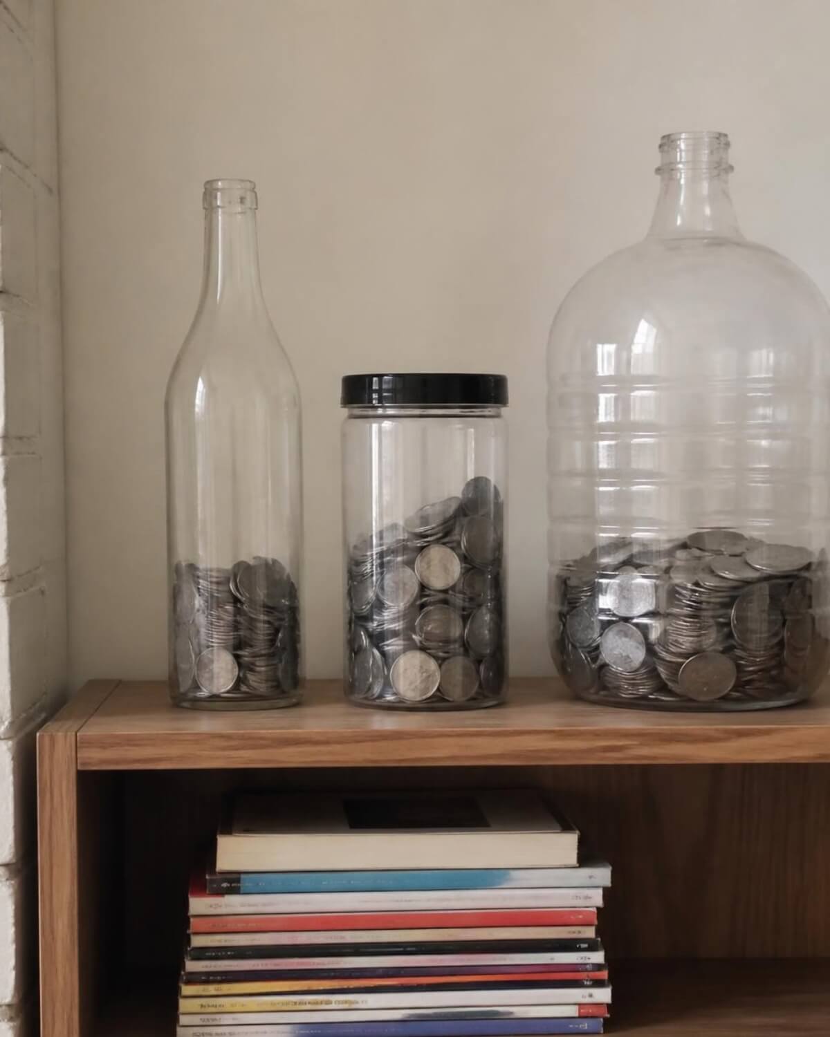 Three clear jars filled with coins on a shelf, showing how much money to save each month with the 50/30/20 rule