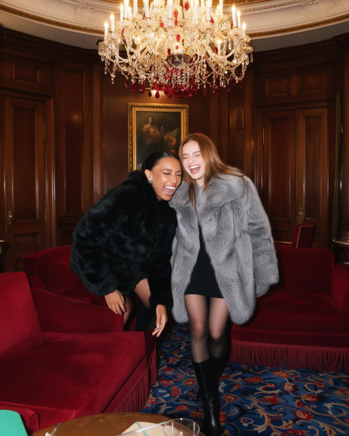 Two women in fur coats laughing together under a crystal chandelier in an opulent salon, showing that dark feminine energy is warm, not cold